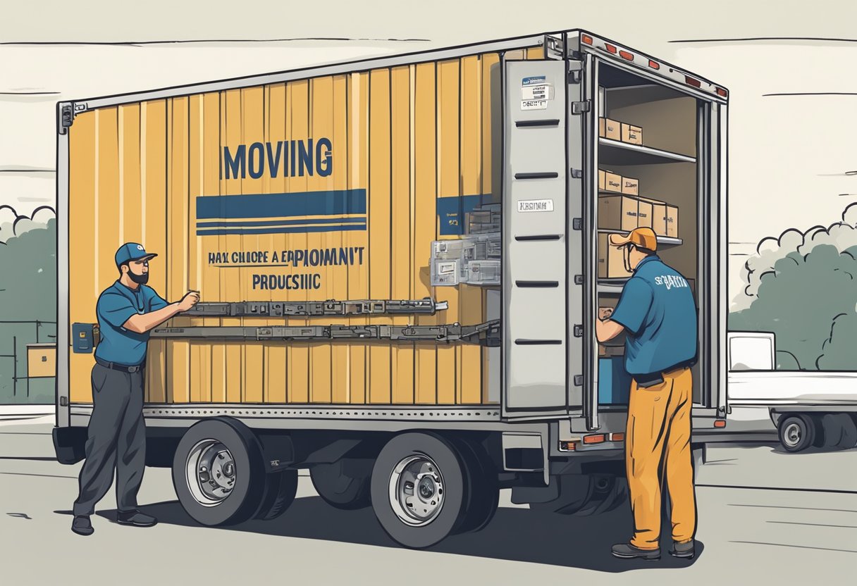 A moving truck with labeled boxes, a locked gun safe, and a moving company employee discussing transportation procedures