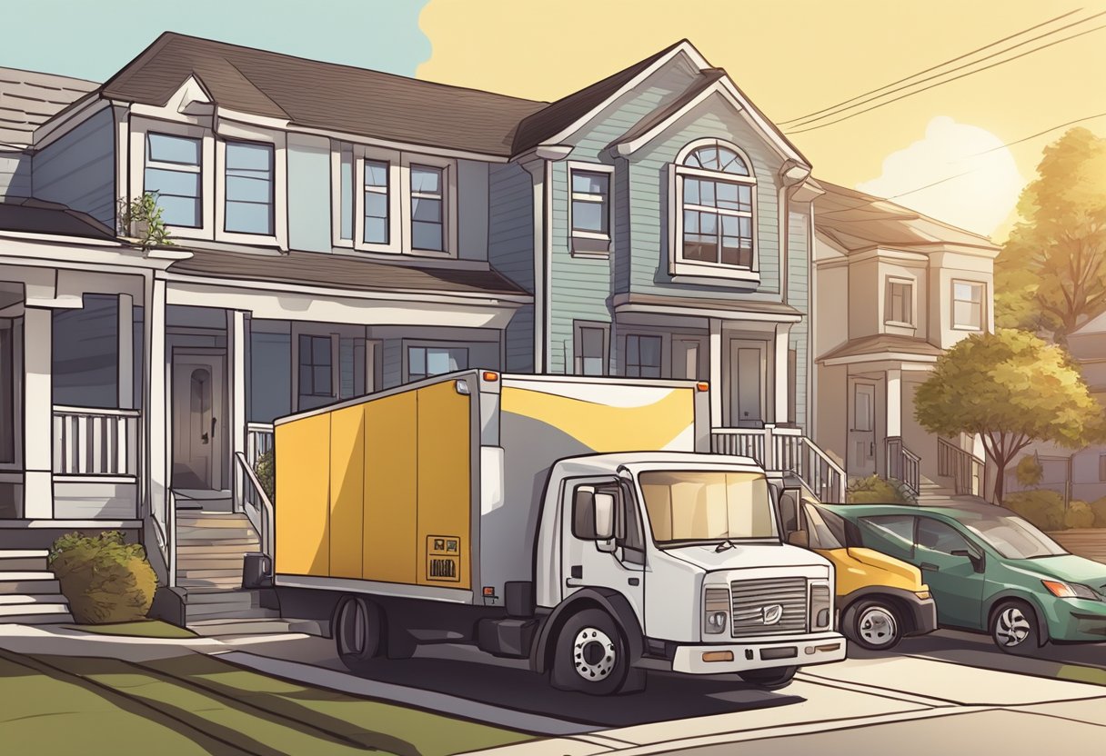 A moving truck parked in a suburban neighborhood, with boxes and furniture being loaded onto it by movers on a sunny weekend morning