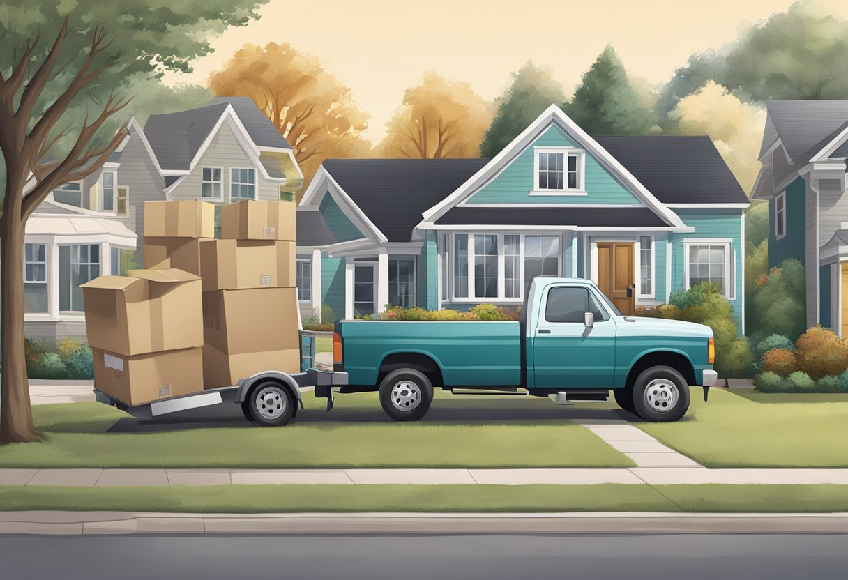 A moving truck parked outside a suburban home on a quiet weekday morning, with movers carrying boxes and furniture into the house