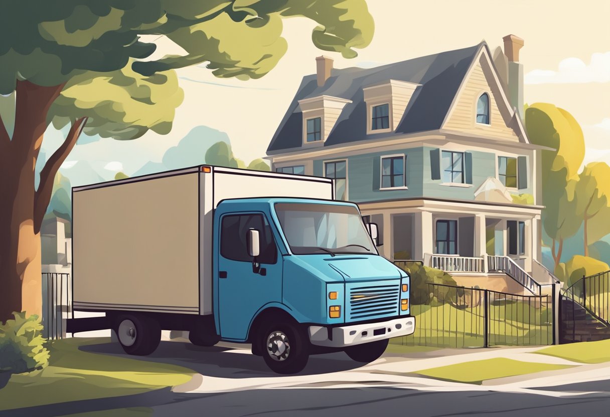 A moving truck parked outside a house on a sunny weekend. Movers carrying boxes and furniture into the truck. A relaxed atmosphere with no rush