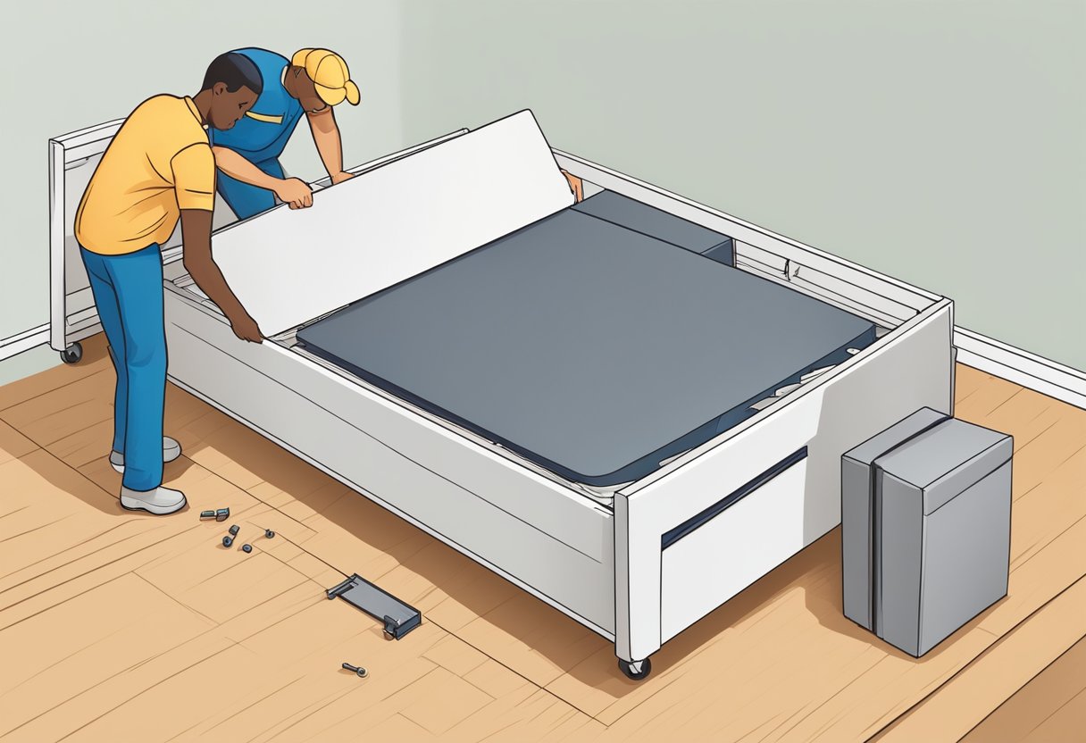 Movers disassemble a bed frame, carefully removing screws and separating the headboard, footboard, and side rails. Mattress and box spring are set aside for transport