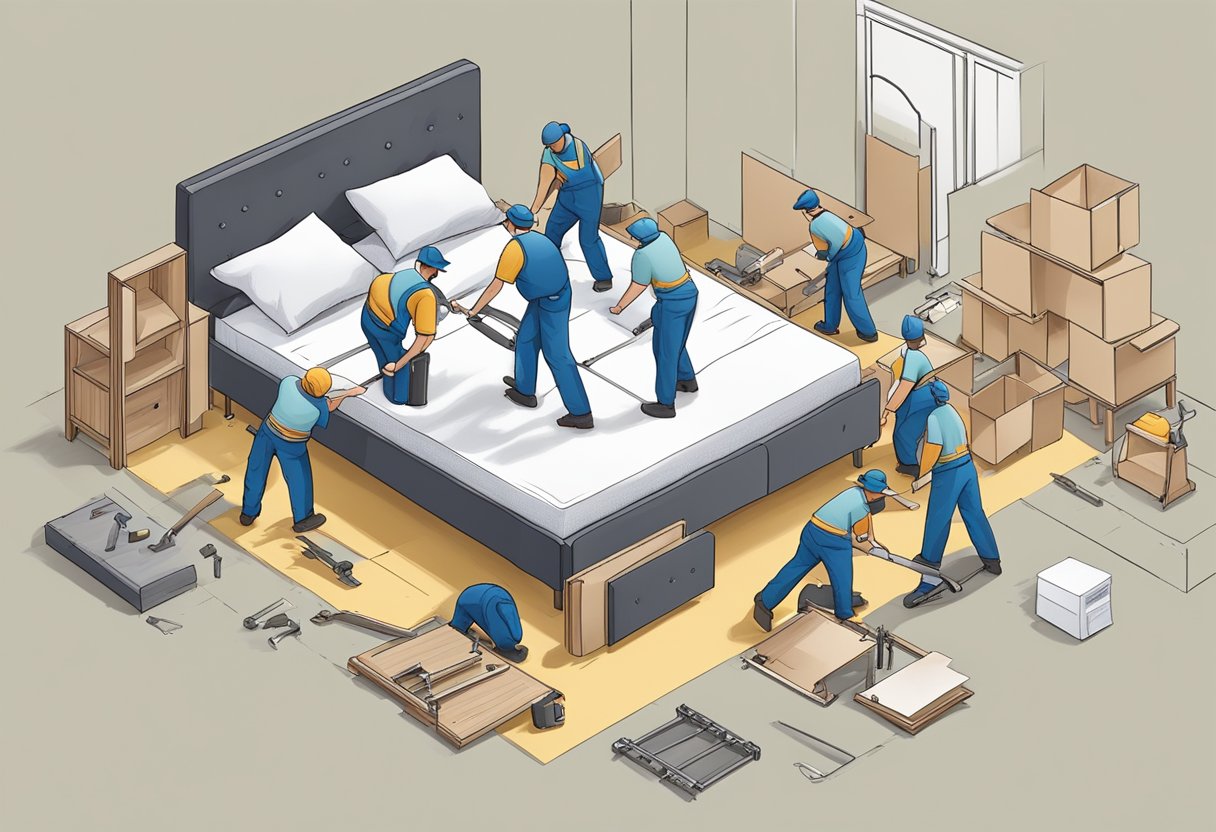 A moving team disassembling a bed frame with tools and hardware scattered around