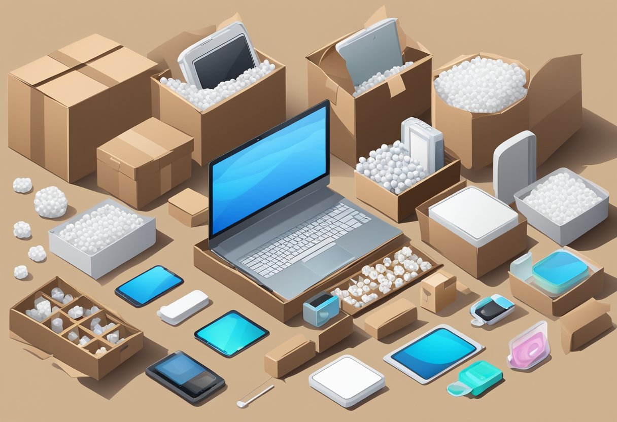 Various electronic devices and accessories neatly organized in a sturdy cardboard box, surrounded by bubble wrap and packing peanuts