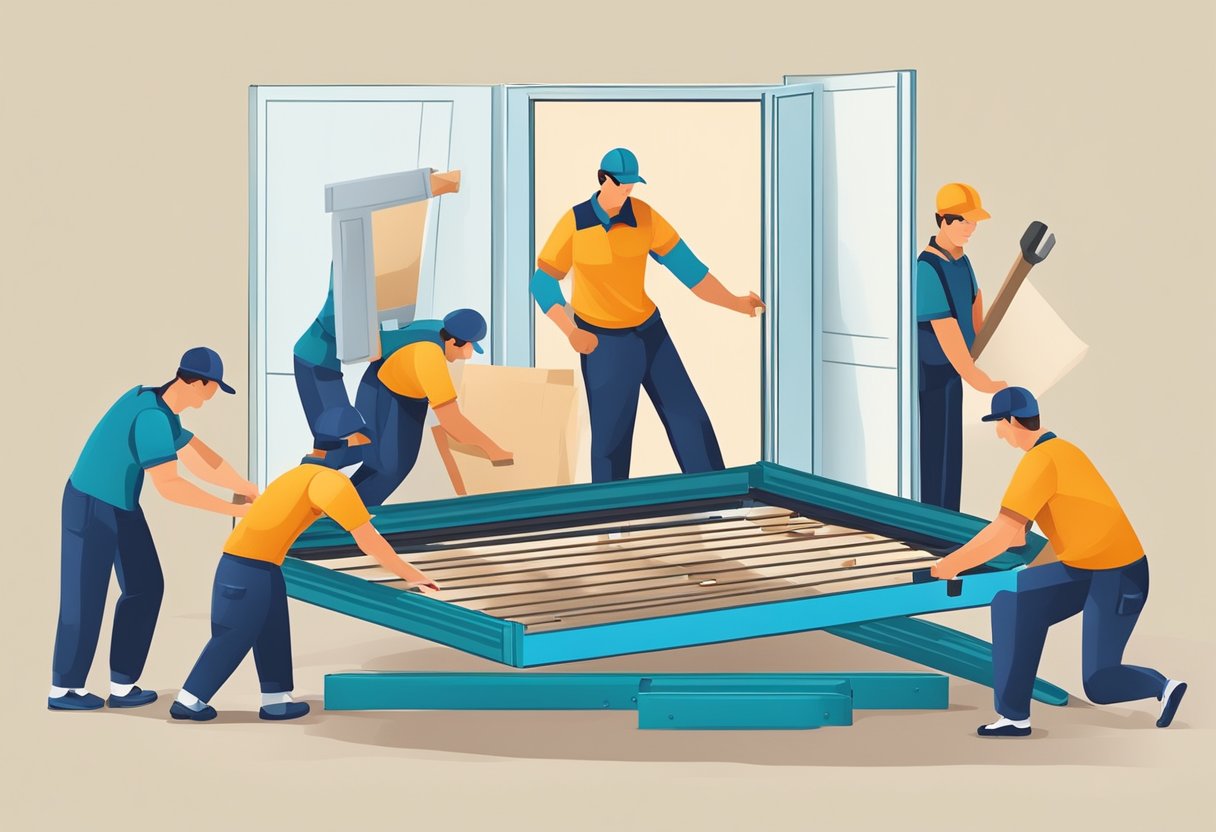 A team of movers disassembling a large bed frame with specialty tools and carefully organizing the pieces for transport