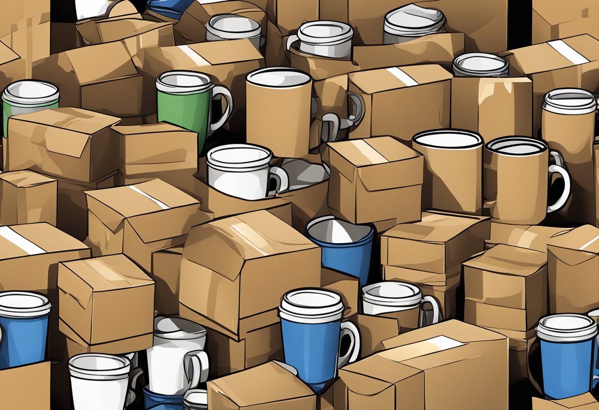 A stack of sturdy cardboard boxes filled with carefully wrapped mugs, surrounded by packing materials and tape