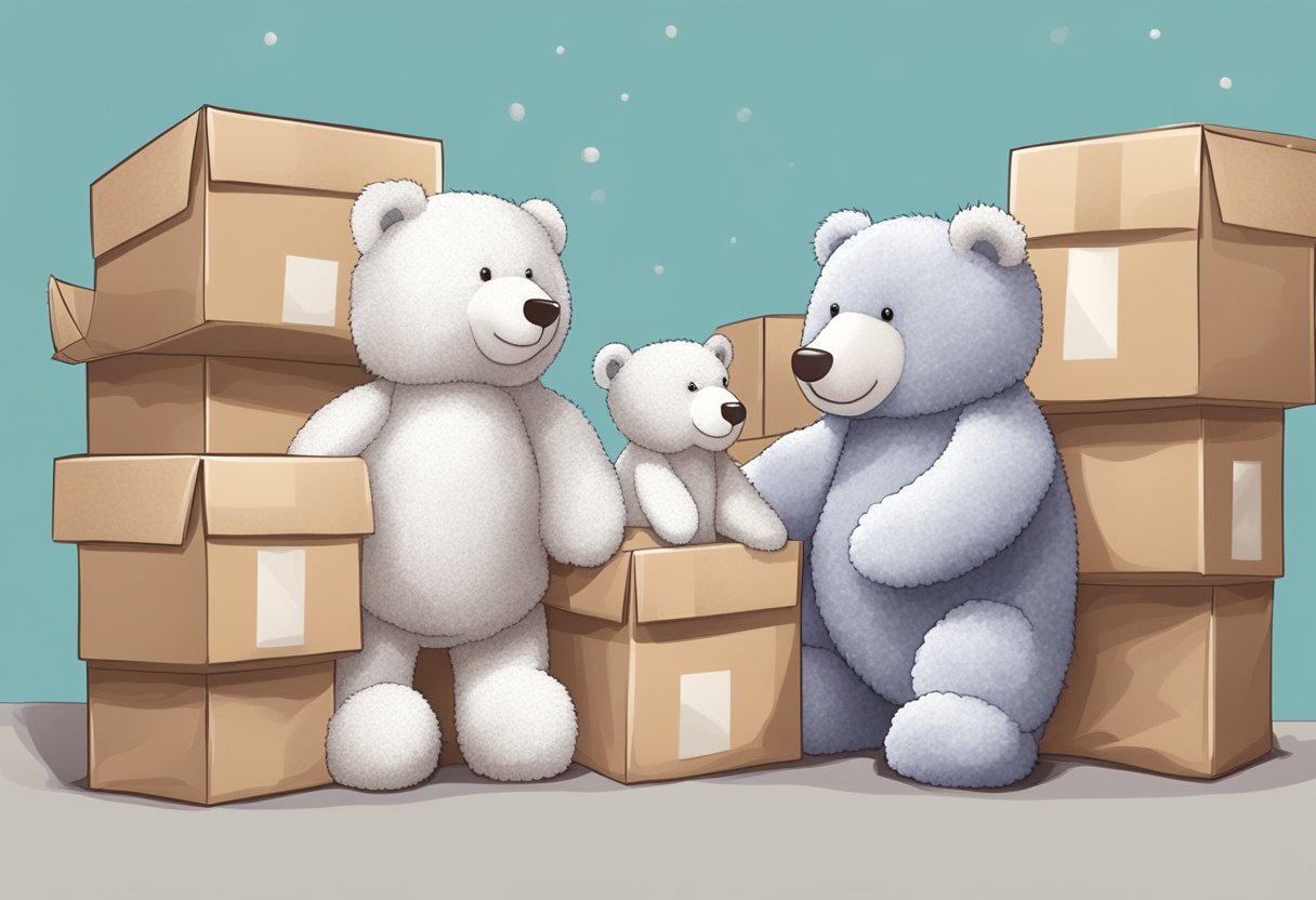 Stuffed animals being carefully wrapped in bubble wrap and placed into sturdy moving boxes, with packing peanuts to cushion and protect them during the move