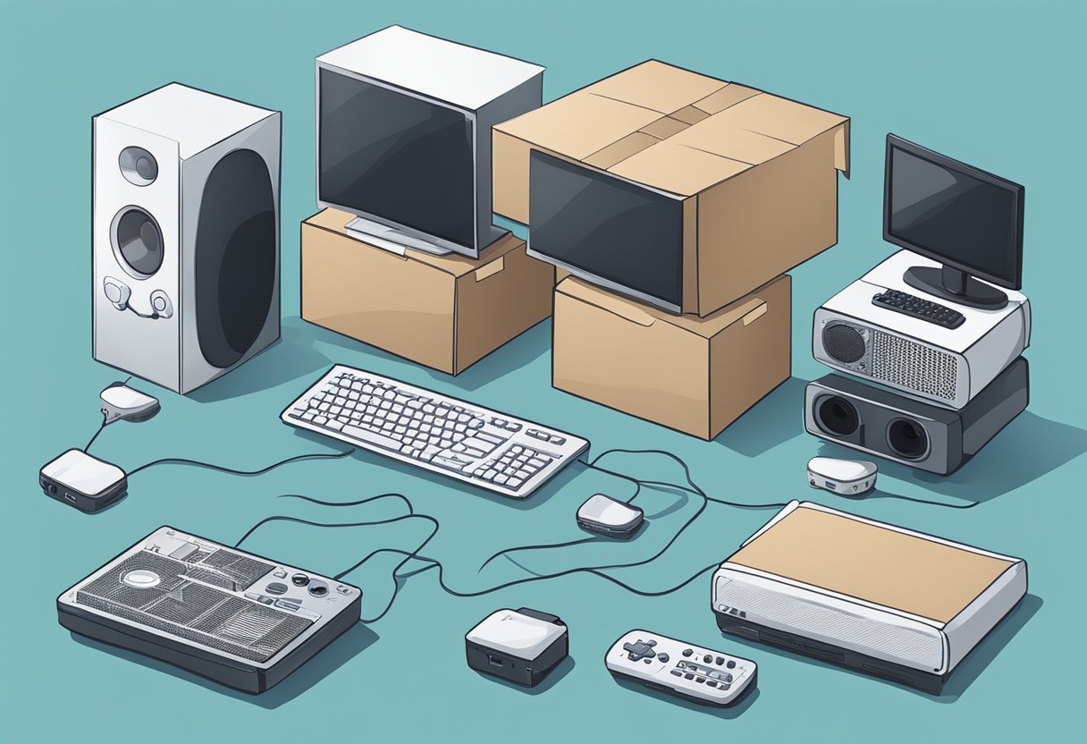 A table with various electronics, including a computer, TV, and speakers, being carefully packed into labeled boxes with bubble wrap and packing material