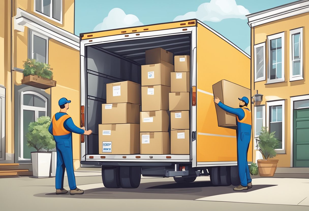 A professional moving company carefully loads a truck with labeled boxes and furniture, while using proper lifting techniques and equipment