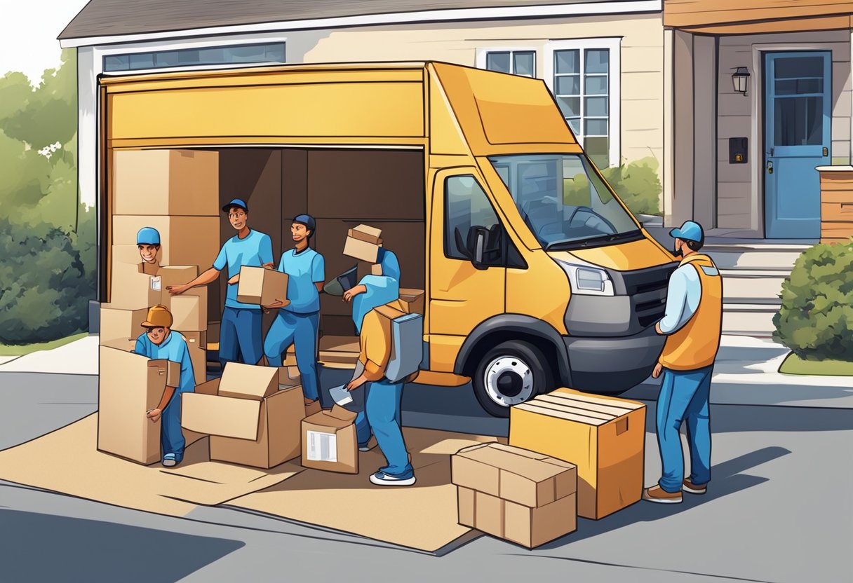 A family loads boxes into a rental truck while a professional moving crew unloads furniture from a van