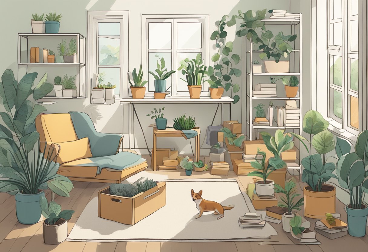 A serene, cluttered room with scattered boxes, a cozy chair, and a calming color palette. A pet or plant adds a sense of peace amidst the chaos