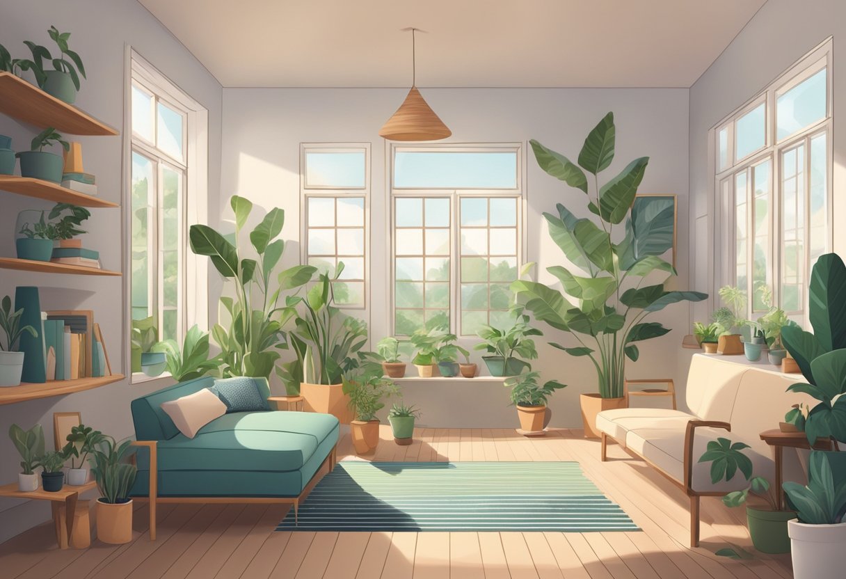 A serene room with open windows, plants, and soothing colors. A clutter-free space with organized boxes and calming music playing in the background