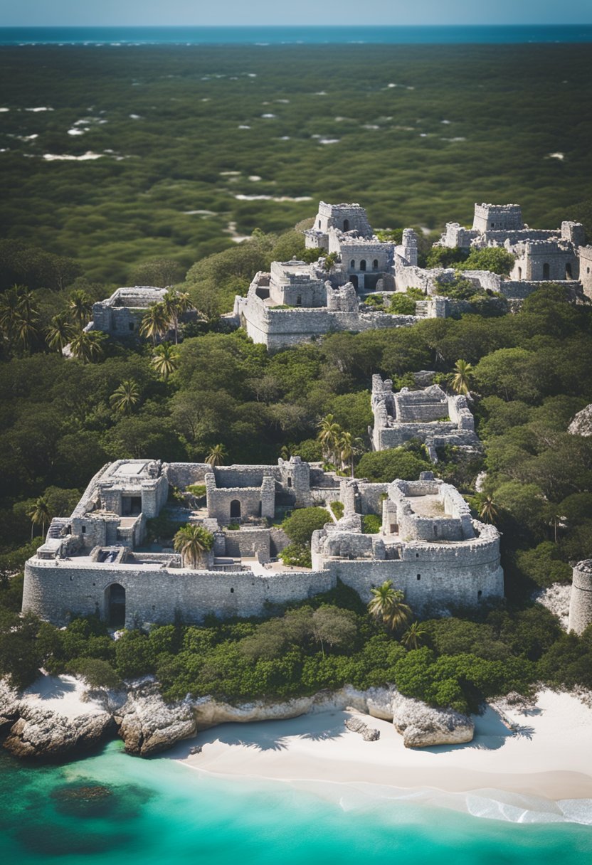 Aerial view of Tulum's ancient ruins overlooking the turquoise waters and white sandy beaches, contrasting with the bustling cityscape of Cancun