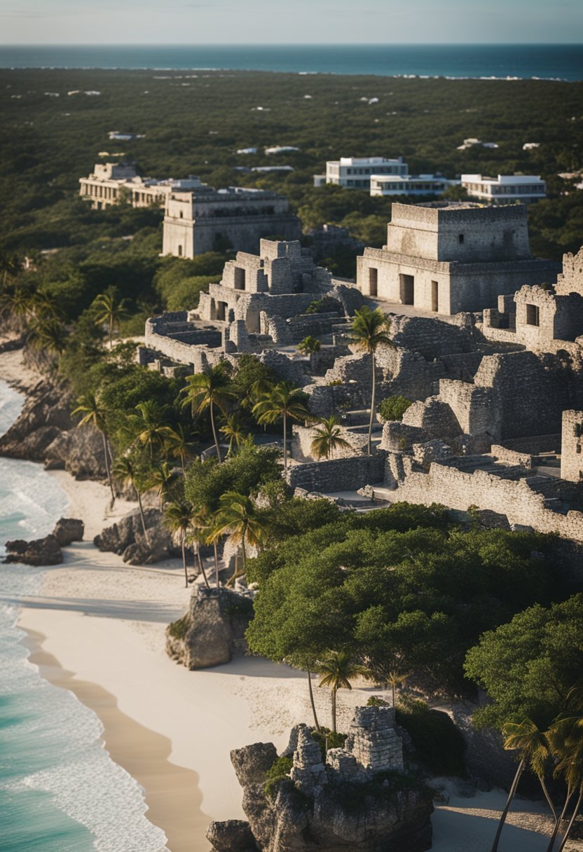 A serene beach in Tulum, Mexico with ancient ruins in the background contrasts with the bustling hotel strip in Cancun