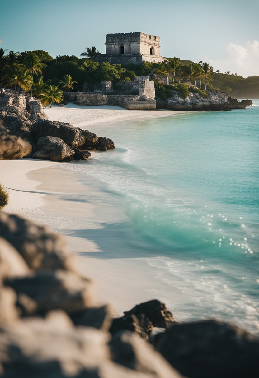 A serene beach in Tulum with turquoise waters and ancient Mayan ruins in the background, contrasting with the lively nightlife and bustling beaches of Cancun