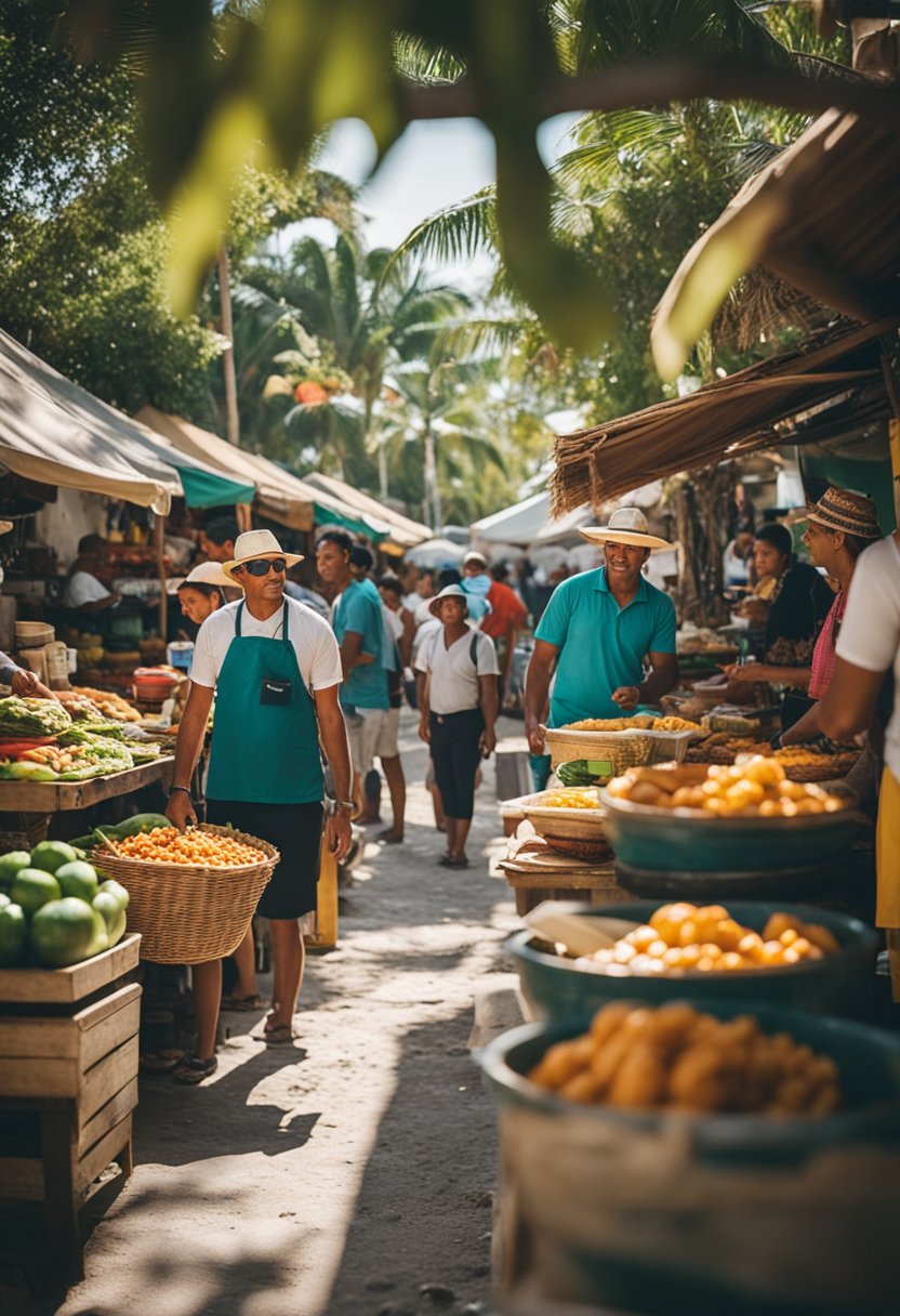 A bustling outdoor market in Tulum, with colorful food stalls and locals enjoying traditional Mexican cuisine