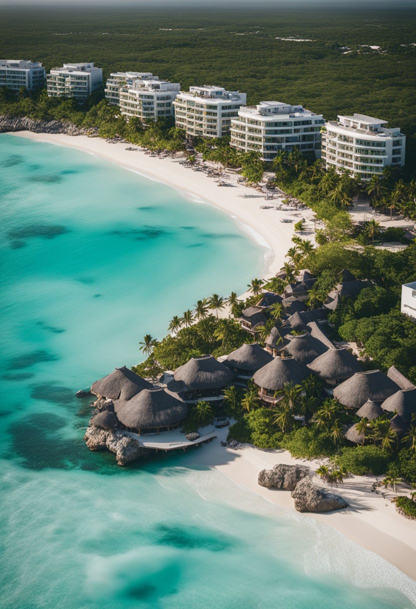 A serene beachfront resort in Tulum, Mexico contrasts with the bustling hotel strip in Cancun. The lush jungle meets the turquoise sea in Tulum, while high-rise hotels line the beach in Cancun