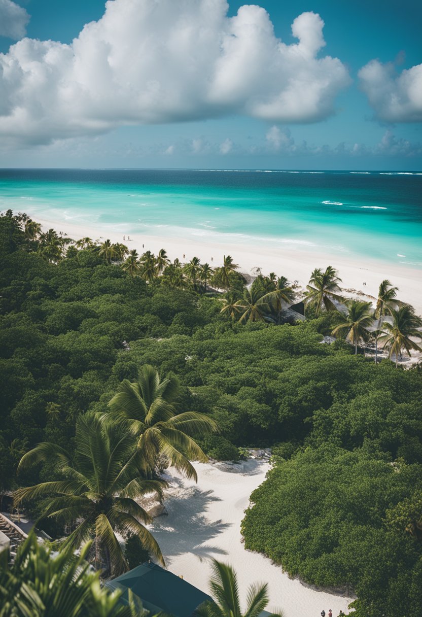 A serene beach in Tulum, Mexico with clear turquoise waters and a lush green jungle backdrop, contrasting with the bustling hotel strip of Cancun