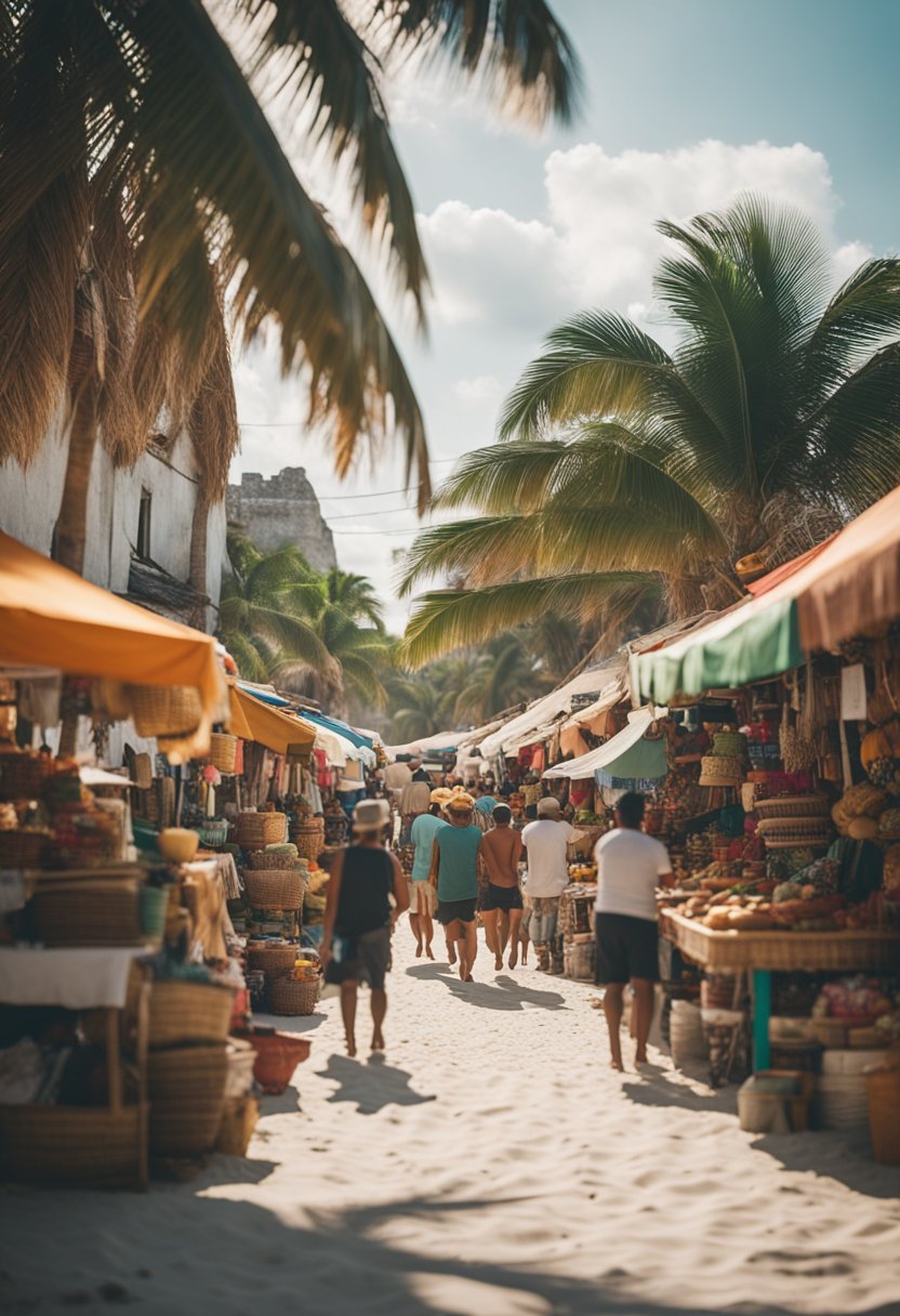 A vibrant street market in Tulum, Mexico, with locals selling handmade crafts and traditional food, while in Cancun, tourists relax on a crowded beach lined with high-rise hotels and palm trees