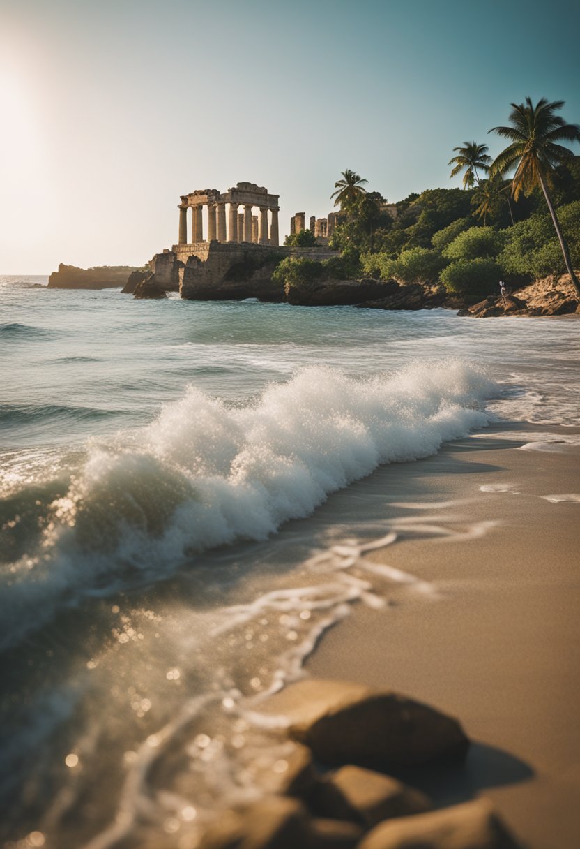 A serene beach with ancient ruins in the background, waves crashing on the shore, surrounded by lush greenery