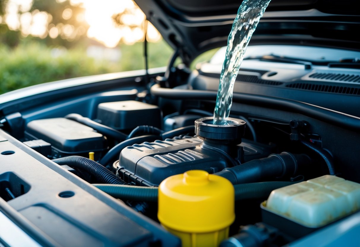 La pompa dell'acqua di un'auto in azione, con l'acqua che scorre attraverso i tubi e il vano motore