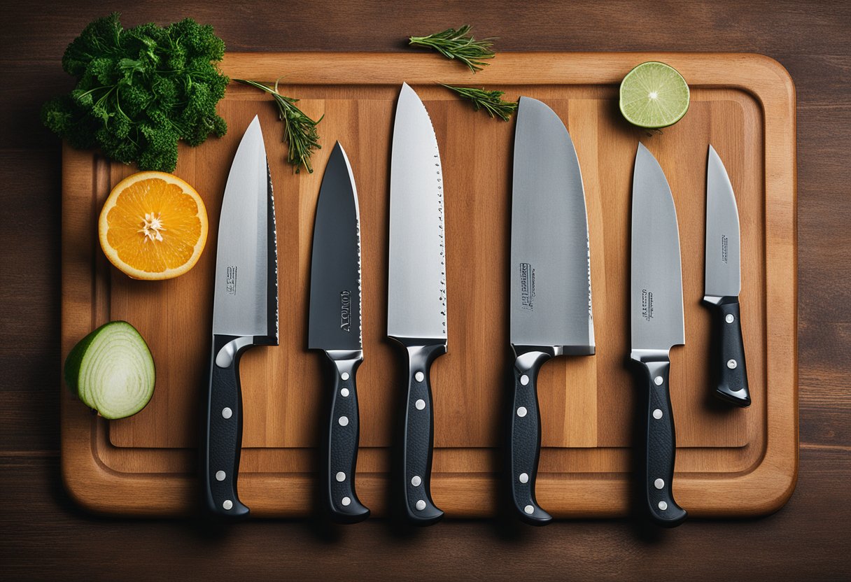 A variety of kitchen knives laid out on a wooden cutting board, showcasing different blade materials and styles