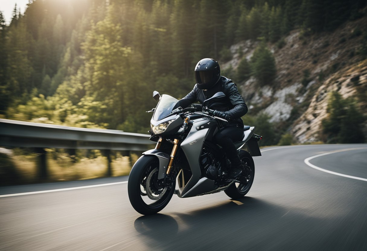 A sleek 600cc motorcycle speeding down a winding mountain road