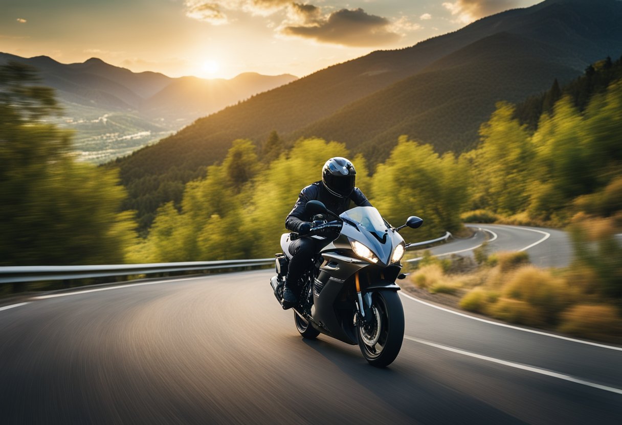 A Kawasaki ZZR600 speeding down a winding mountain road at sunset