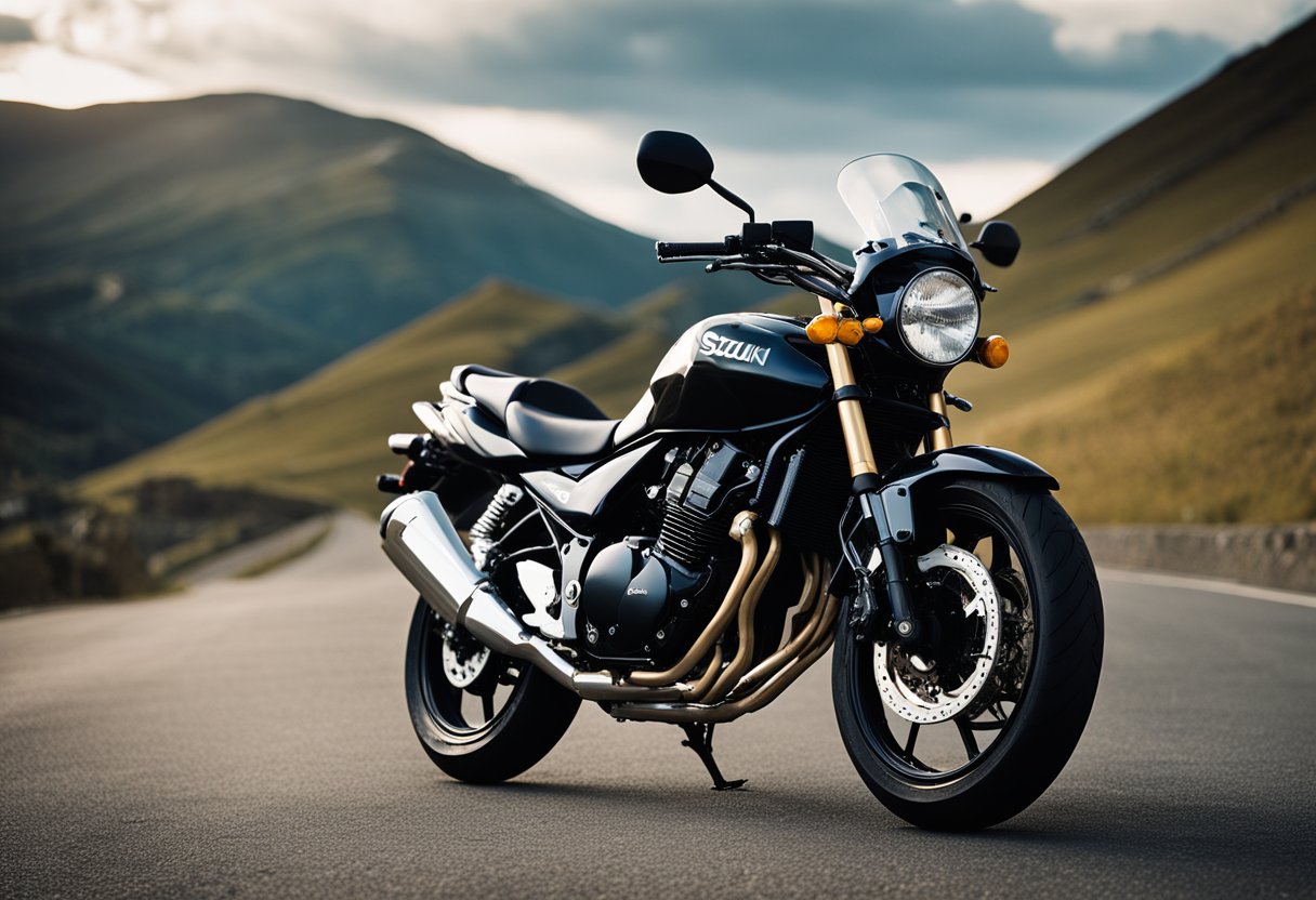 A Suzuki Bandit 600 motorcycle parked on a scenic mountain road