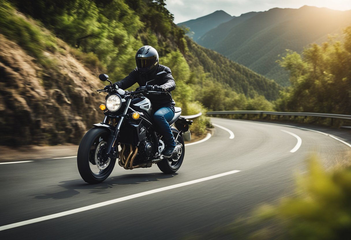 A Kawasaki ER-6n motorcycle speeding down a winding mountain road