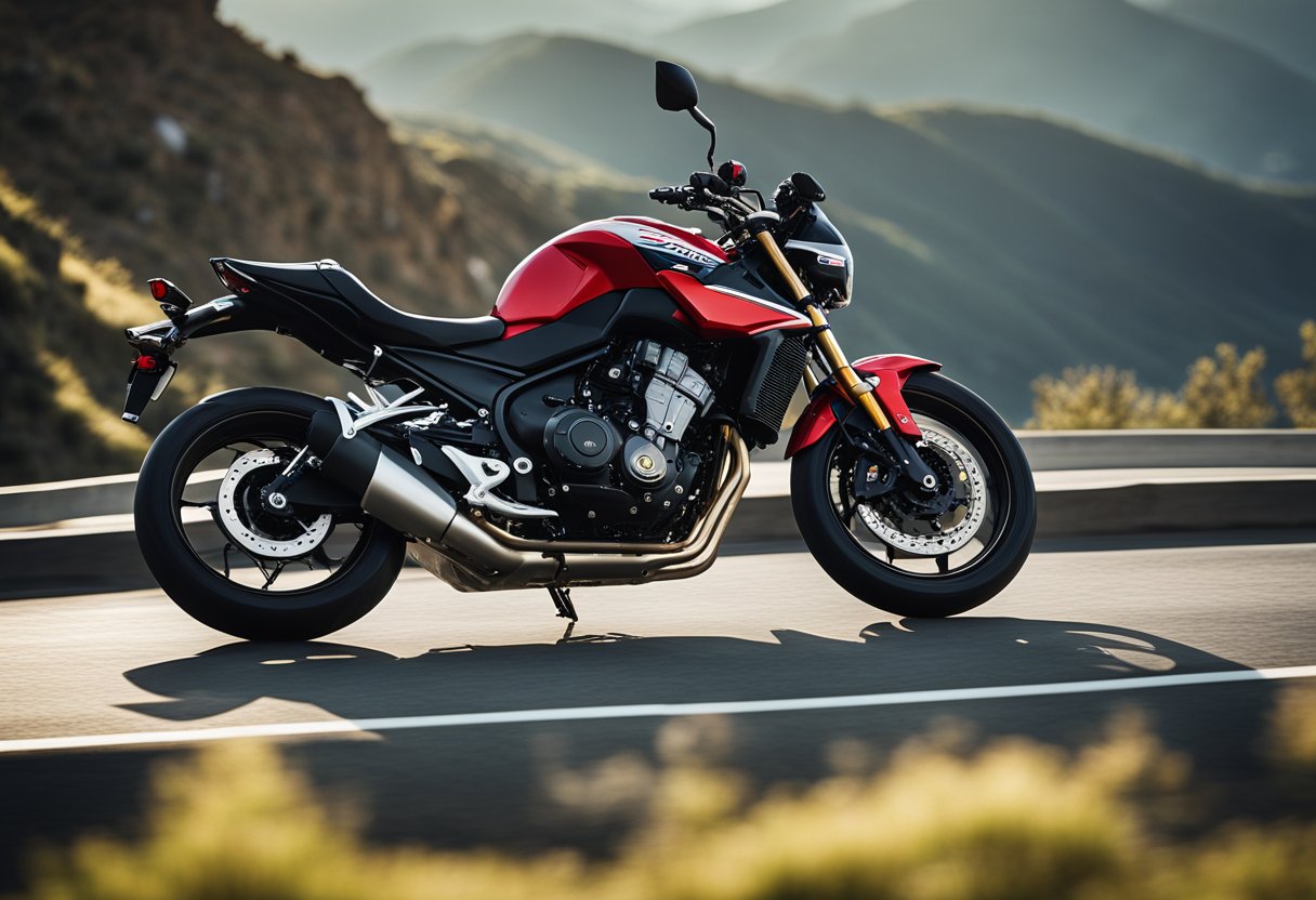 A sleek Honda CB650R racing along a winding mountain road. The motorcycle's powerful engine roars as it effortlessly navigates the curves