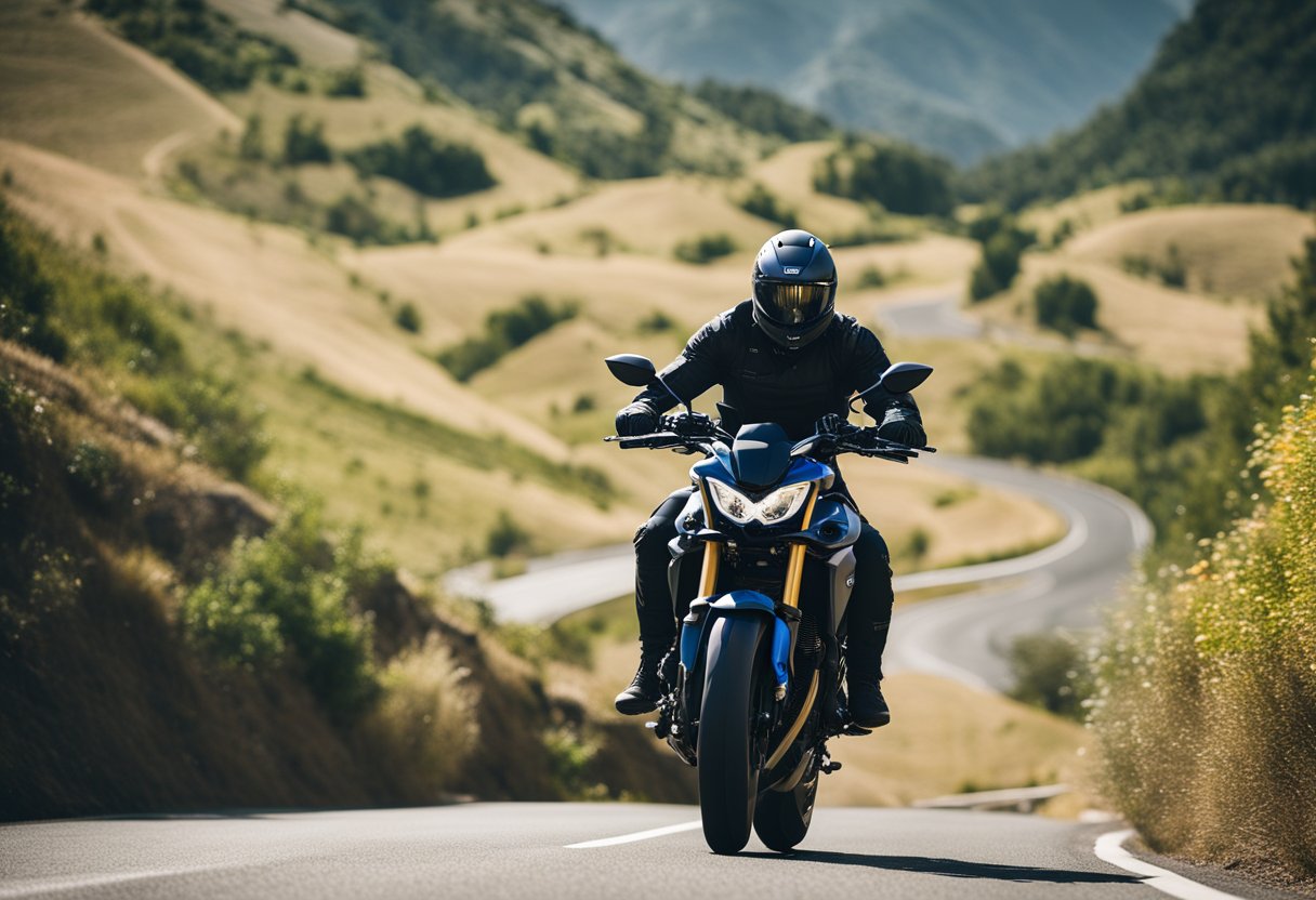 A Yamaha MT-07 motorcycle speeding through a winding mountain road