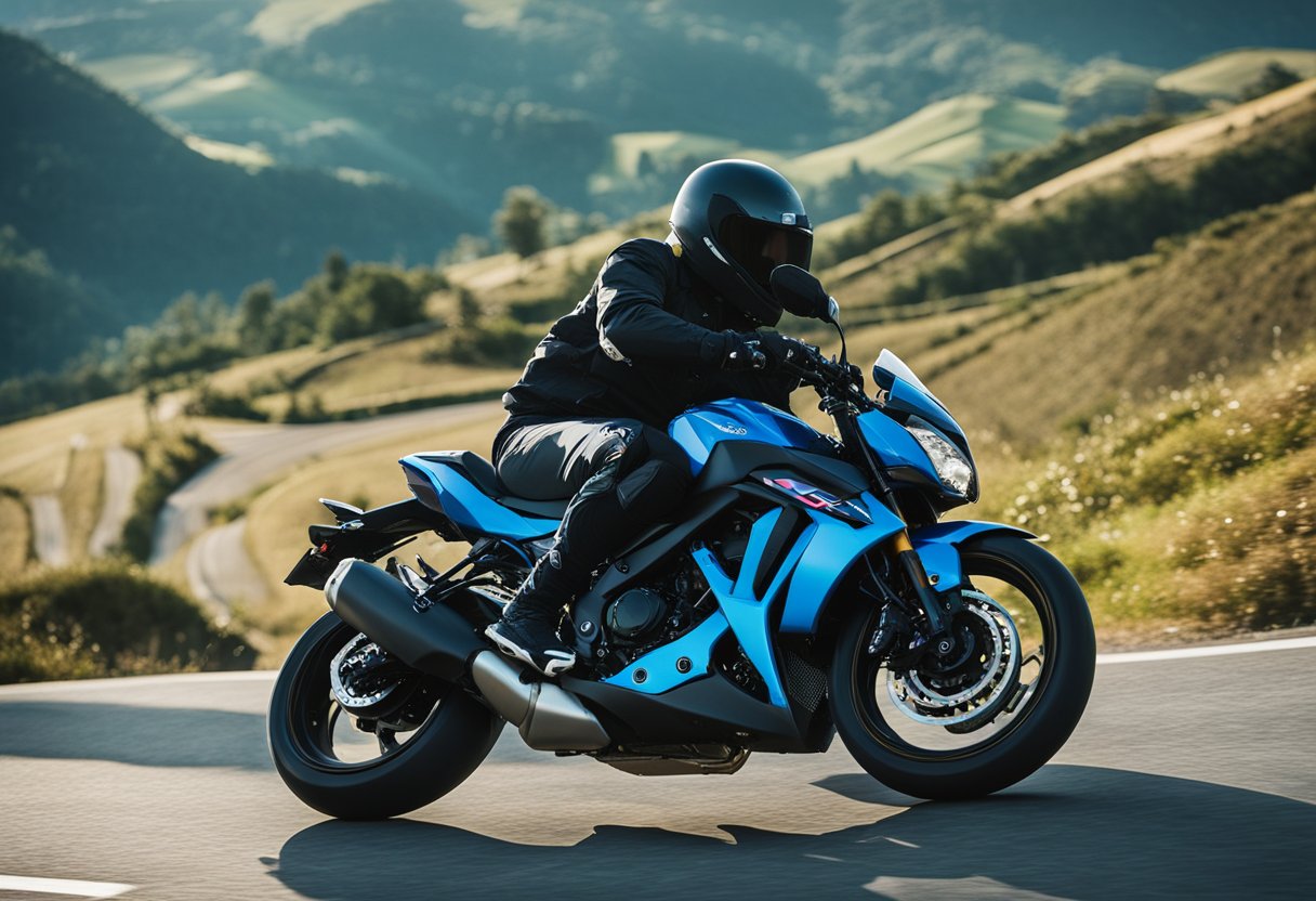 A Suzuki GSX-S750 motorcycle speeding on a winding mountain road