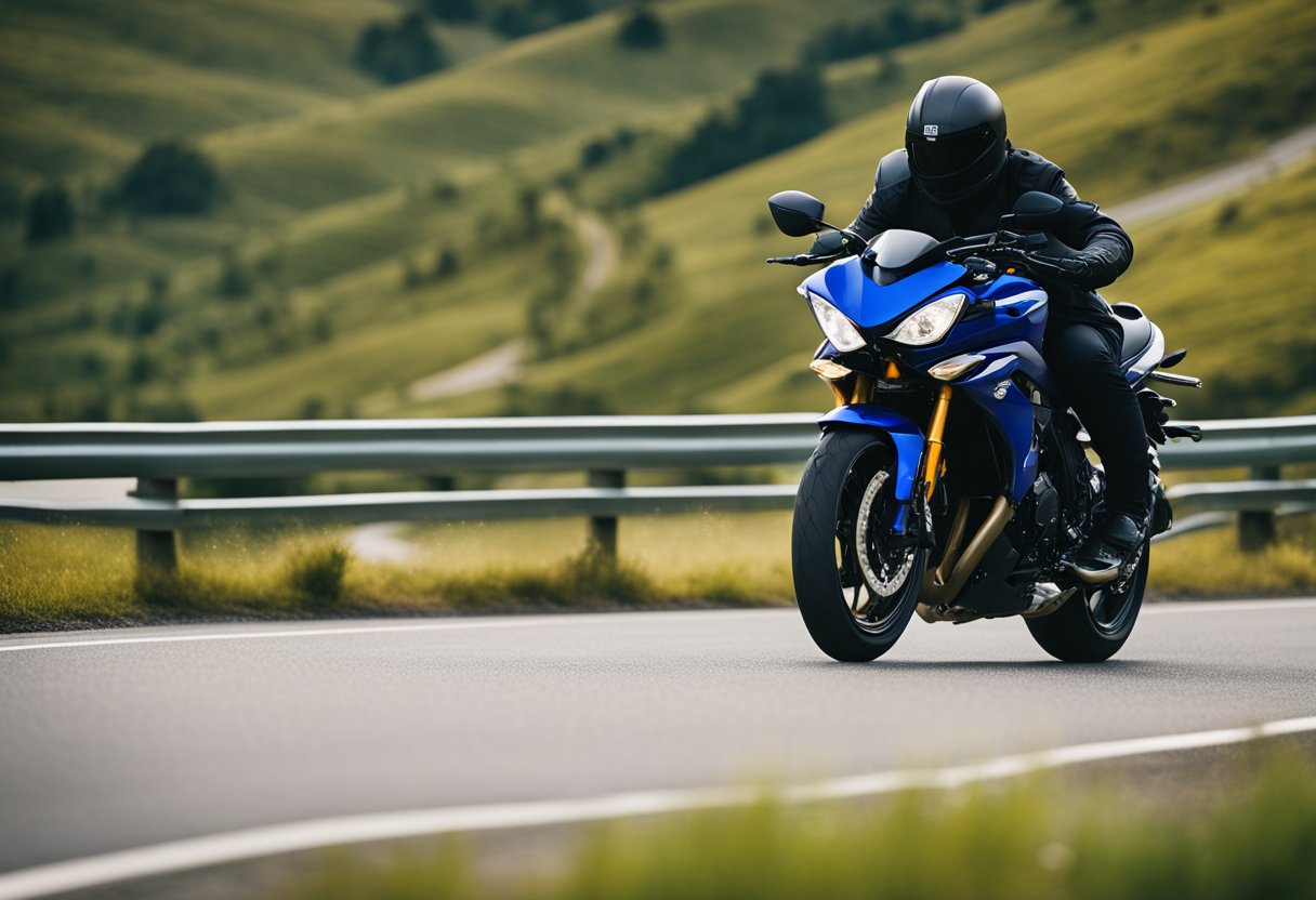 A sleek Yamaha FZ6R motorcycle speeding along a winding mountain road