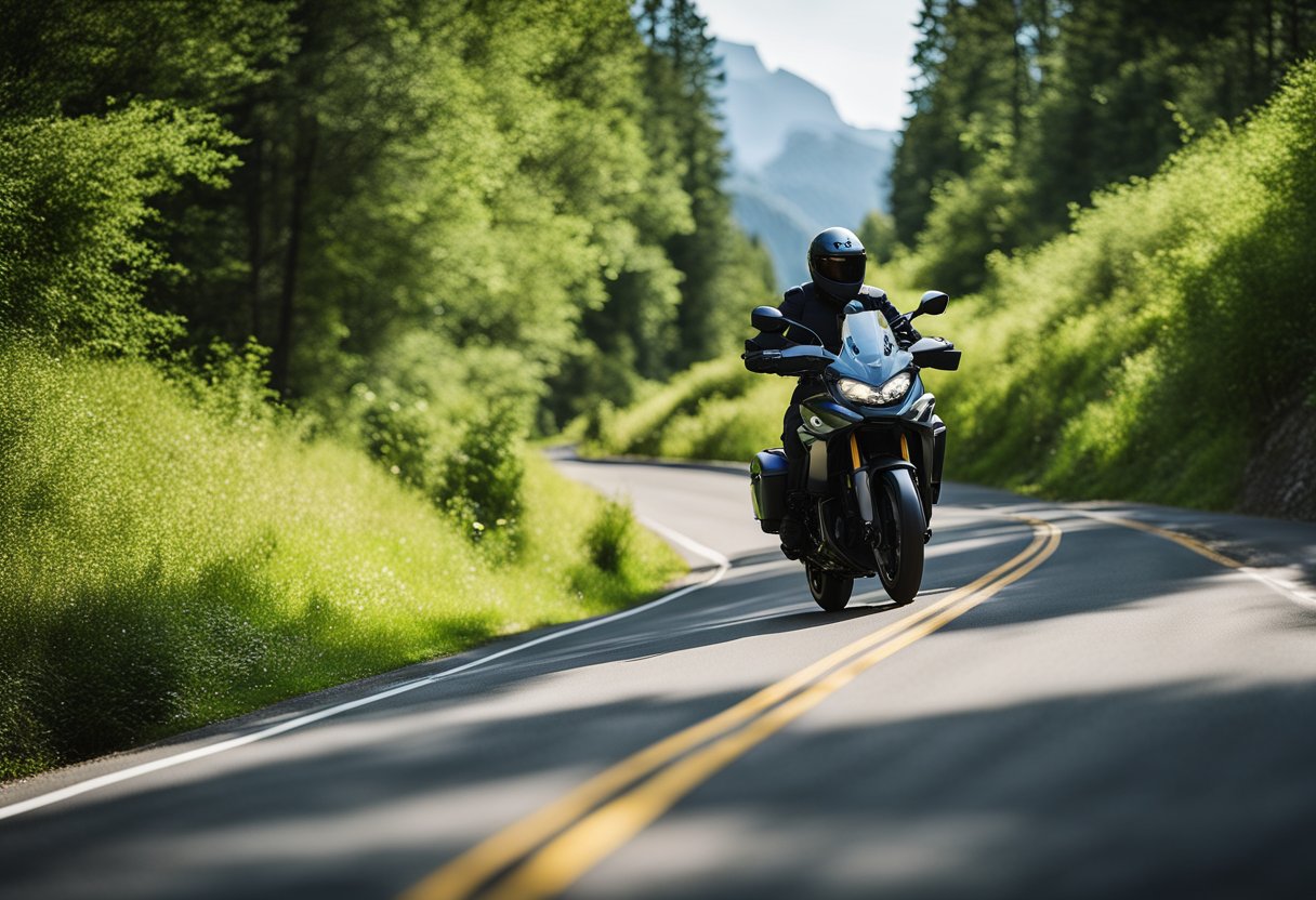 A Kawasaki Versys 650 zooms through a winding mountain road, with lush green trees and a clear blue sky in the background