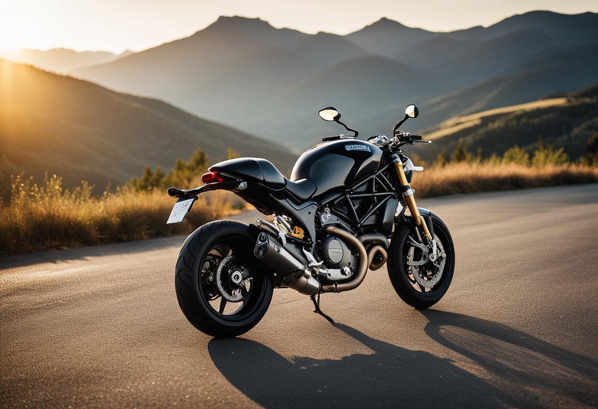 A sleek Ducati Monster 600 parked on a winding road, with mountains in the background and the sun setting in the distance