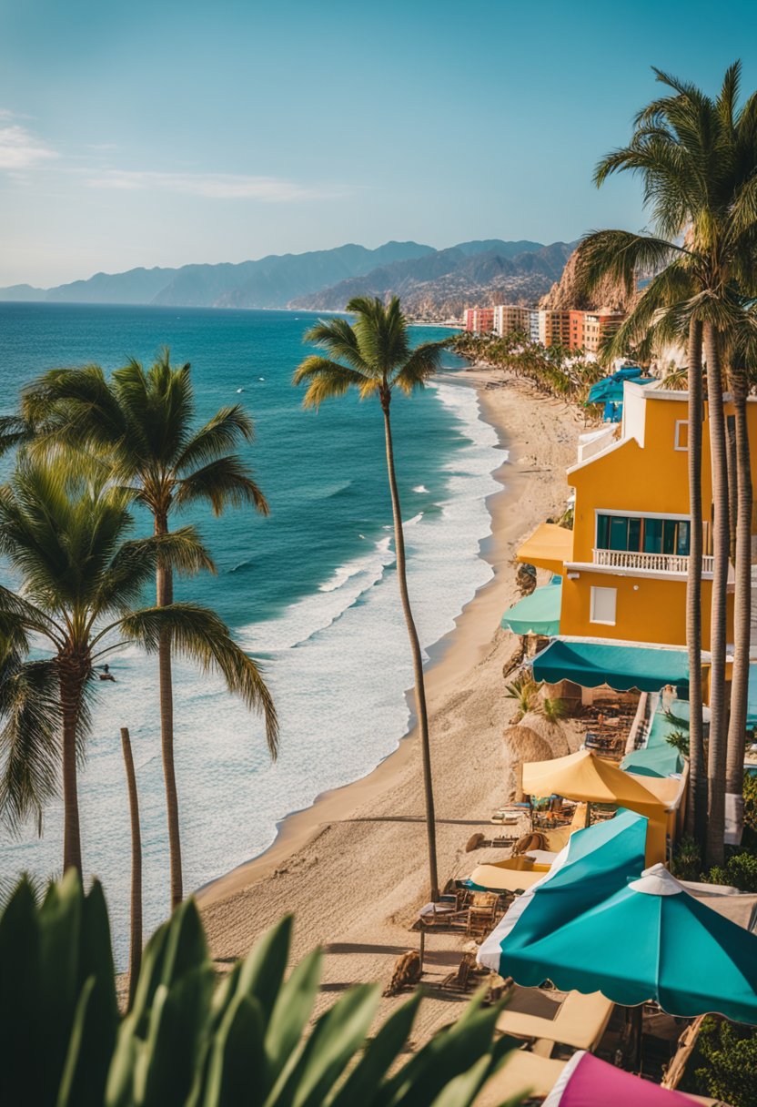 A vibrant beach scene with palm trees, clear blue waters, and colorful buildings, showcasing the unique charm of Puerto Vallarta and Cabo San Lucas