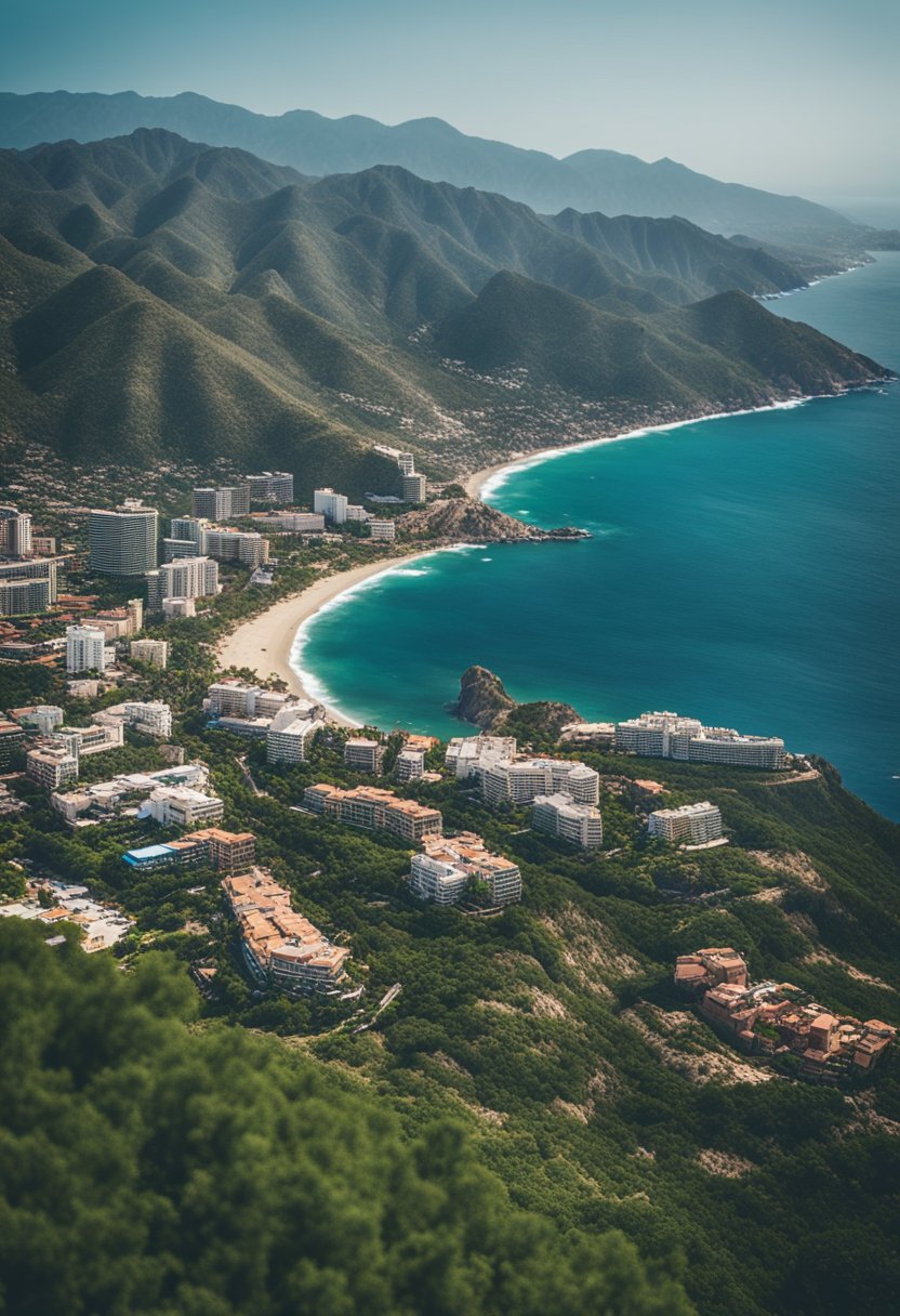 Aerial view of Puerto Vallarta's coastline with lush green mountains and blue ocean contrasting with Cabo San Lucas' desert landscape and rocky coastline