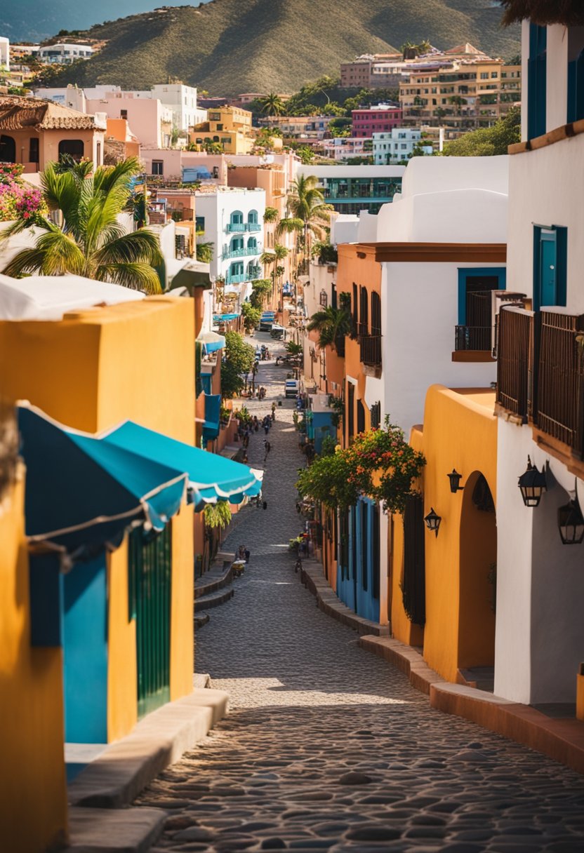 A bustling Puerto Vallarta street with cobblestone paths and colorful buildings contrasts with the serene beaches and rocky cliffs of Cabo San Lucas