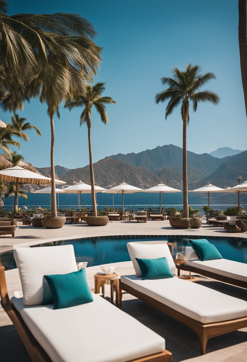 A beachfront resort in Puerto Vallarta with palm trees, a pool, and mountains in the background, contrasting with a luxury hotel in Cabo San Lucas with a marina, yachts, and a desert landscape