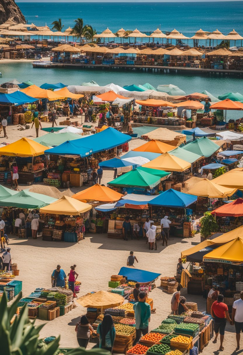 A vibrant market in Puerto Vallarta contrasts with a serene beach in Cabo San Lucas. The colorful stalls and bustling activity in one scene, while the other features a tranquil coastline with clear blue waters