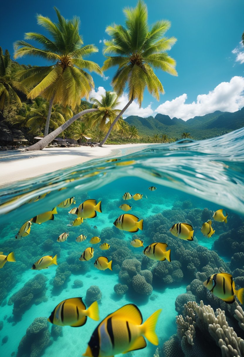 People snorkeling in clear blue waters, surrounded by colorful fish and coral reefs. Palm trees line the sandy beach with mountains in the background