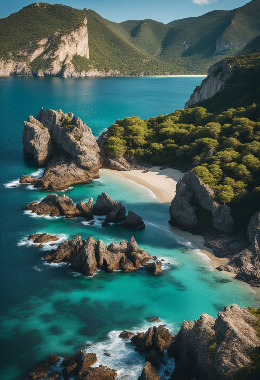 A vibrant beach with a backdrop of rocky cliffs and clear blue water, with a prominent landmark in the distance