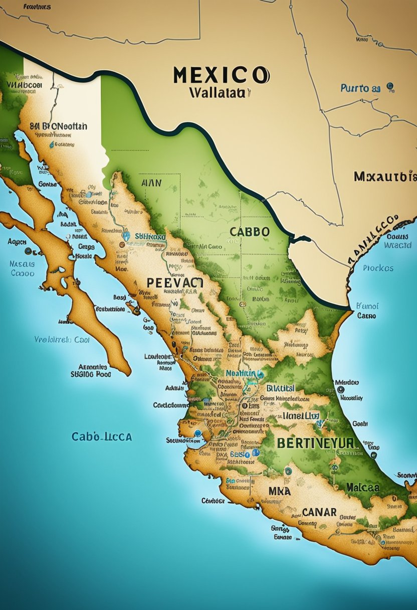 A map of Mexico's west coast with Puerto Vallarta and Cabo San Lucas highlighted, alongside images of beaches and tourist attractions