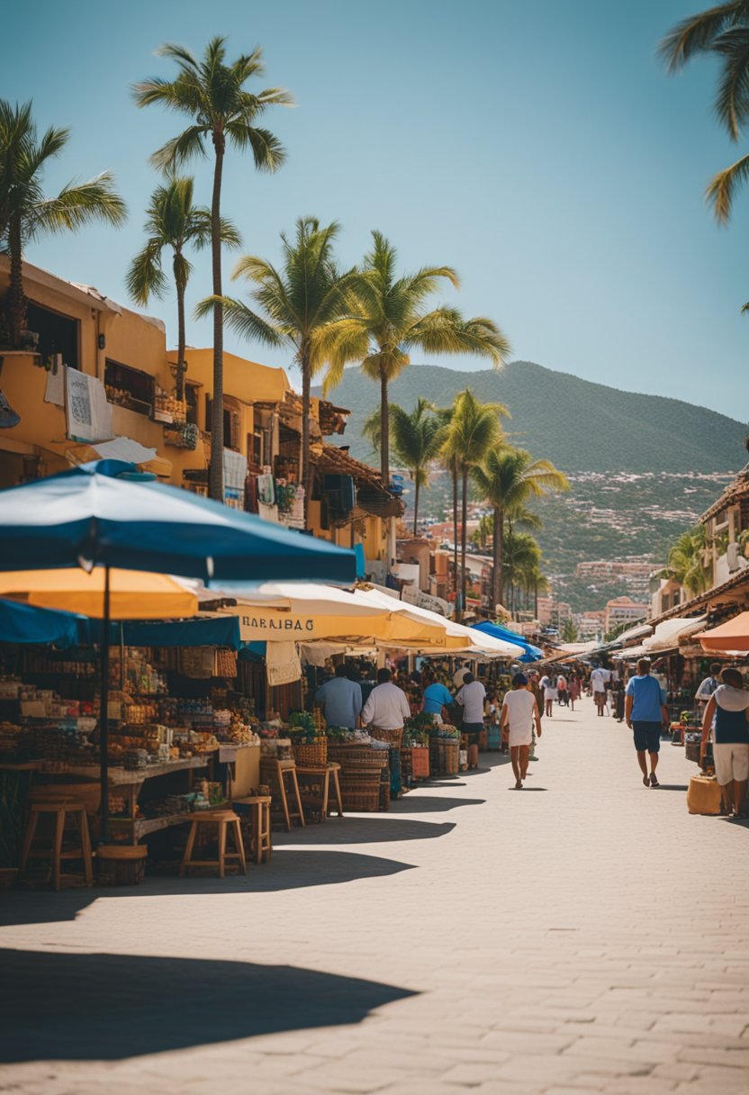 A bustling market in Puerto Vallarta contrasts with a serene beach in Cabo San Lucas