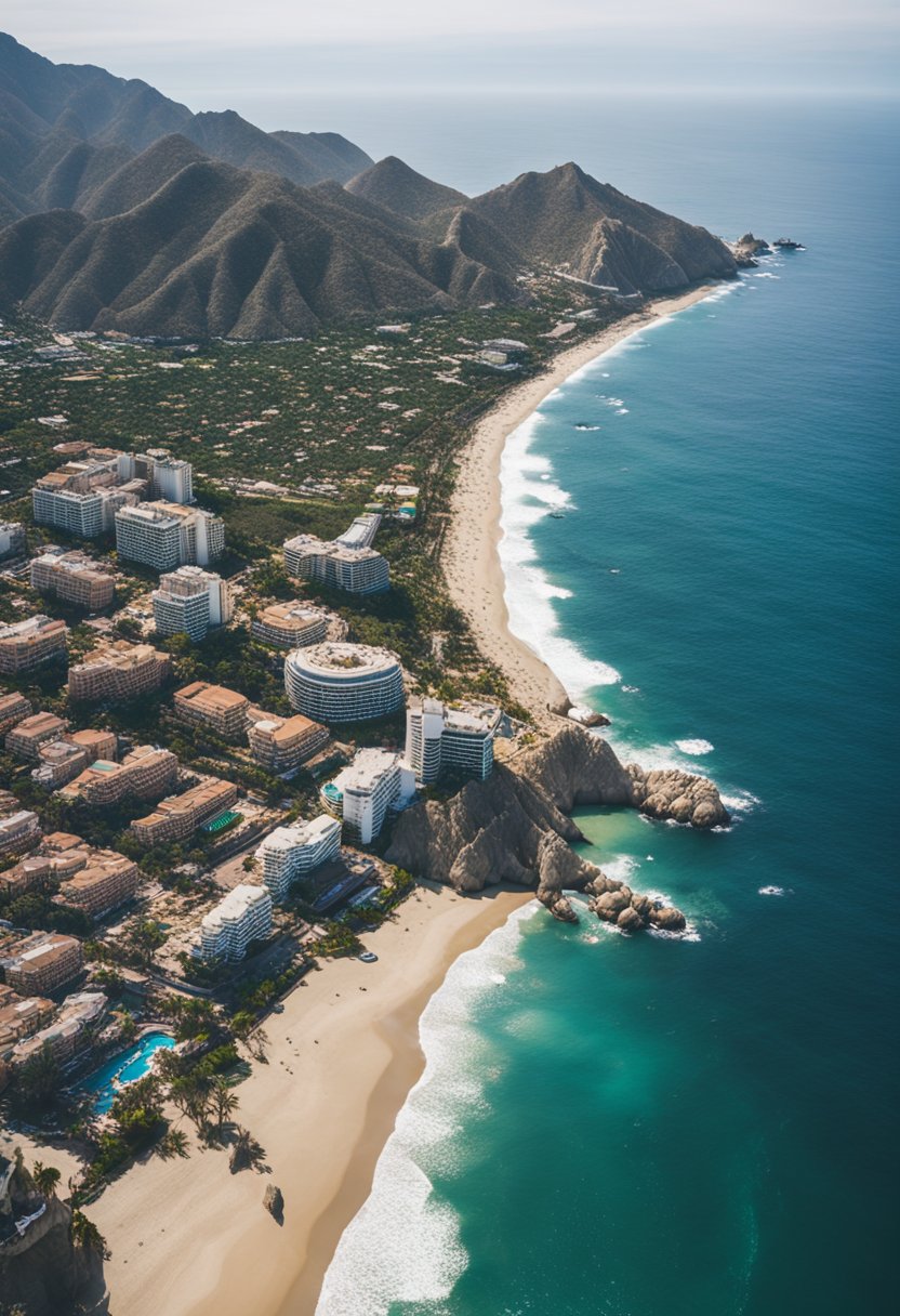 Aerial view of Puerto Vallarta and Cabo San Lucas coastlines with sandy beaches, clear blue waters, and towering cliffs