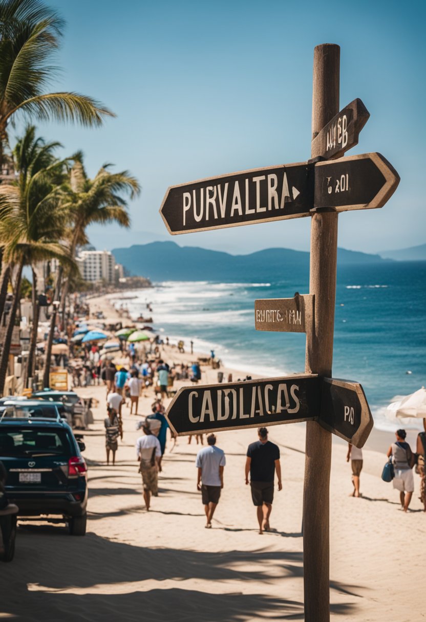 A bustling beachfront with a signpost pointing to Puerto Vallarta on one side and Cabo San Lucas on the other, surrounded by curious tourists