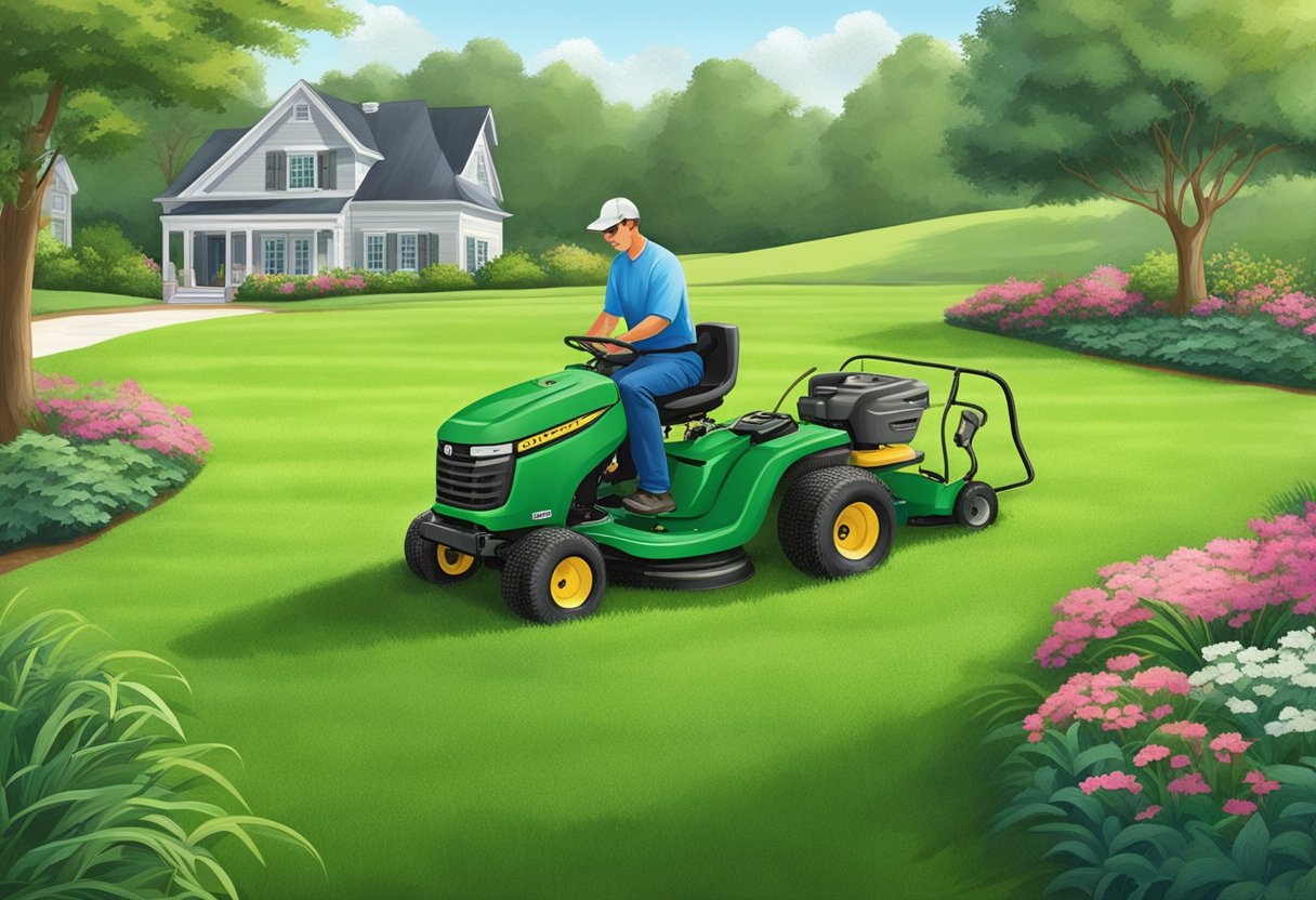 A gardener mowing and fertilizing a lush patch of Cavalier Zoysia grass