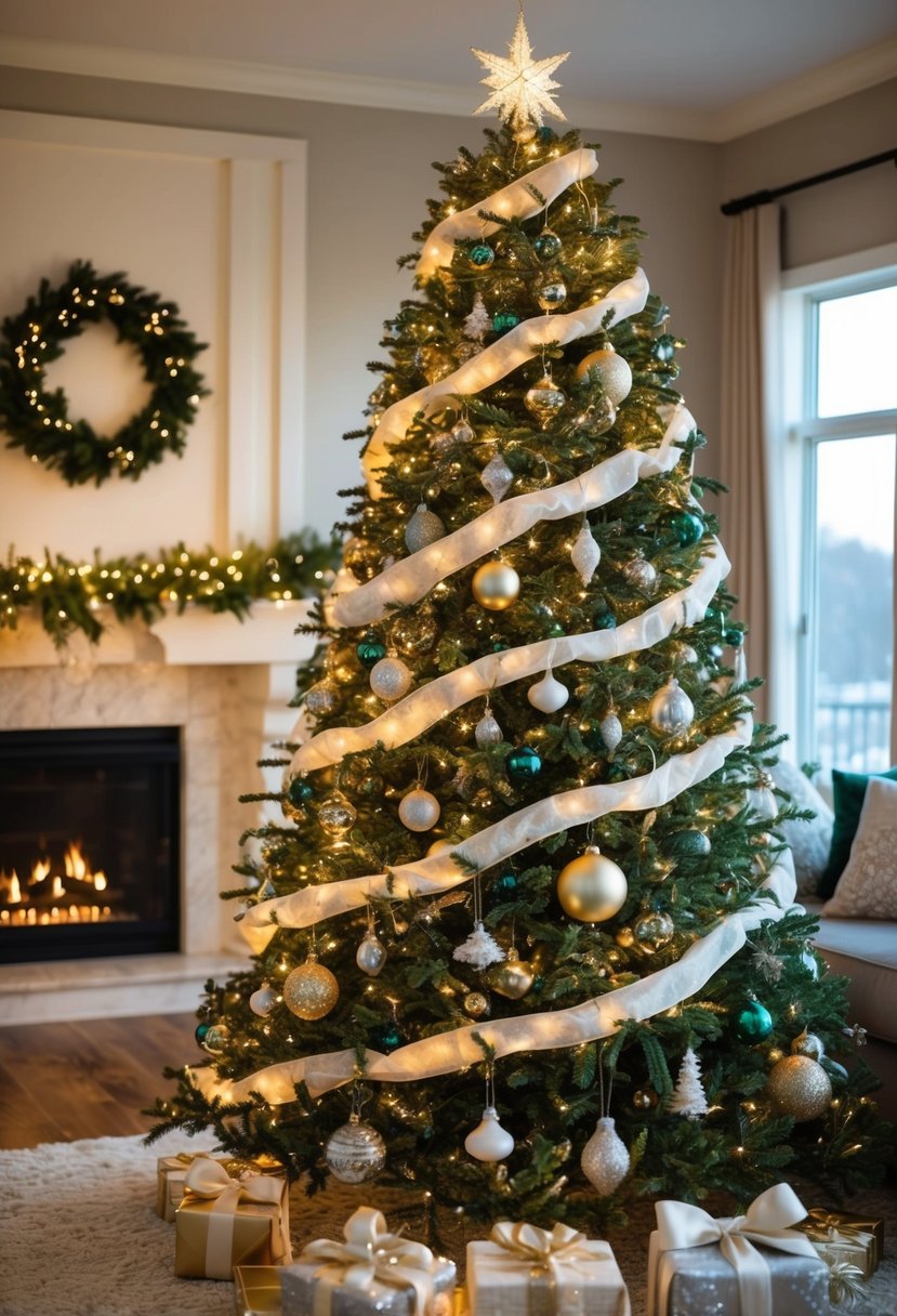 A Christmas tree adorned with elegant ornaments, twinkling lights, and a perfectly draped garland, standing tall and majestic in a cozy living room