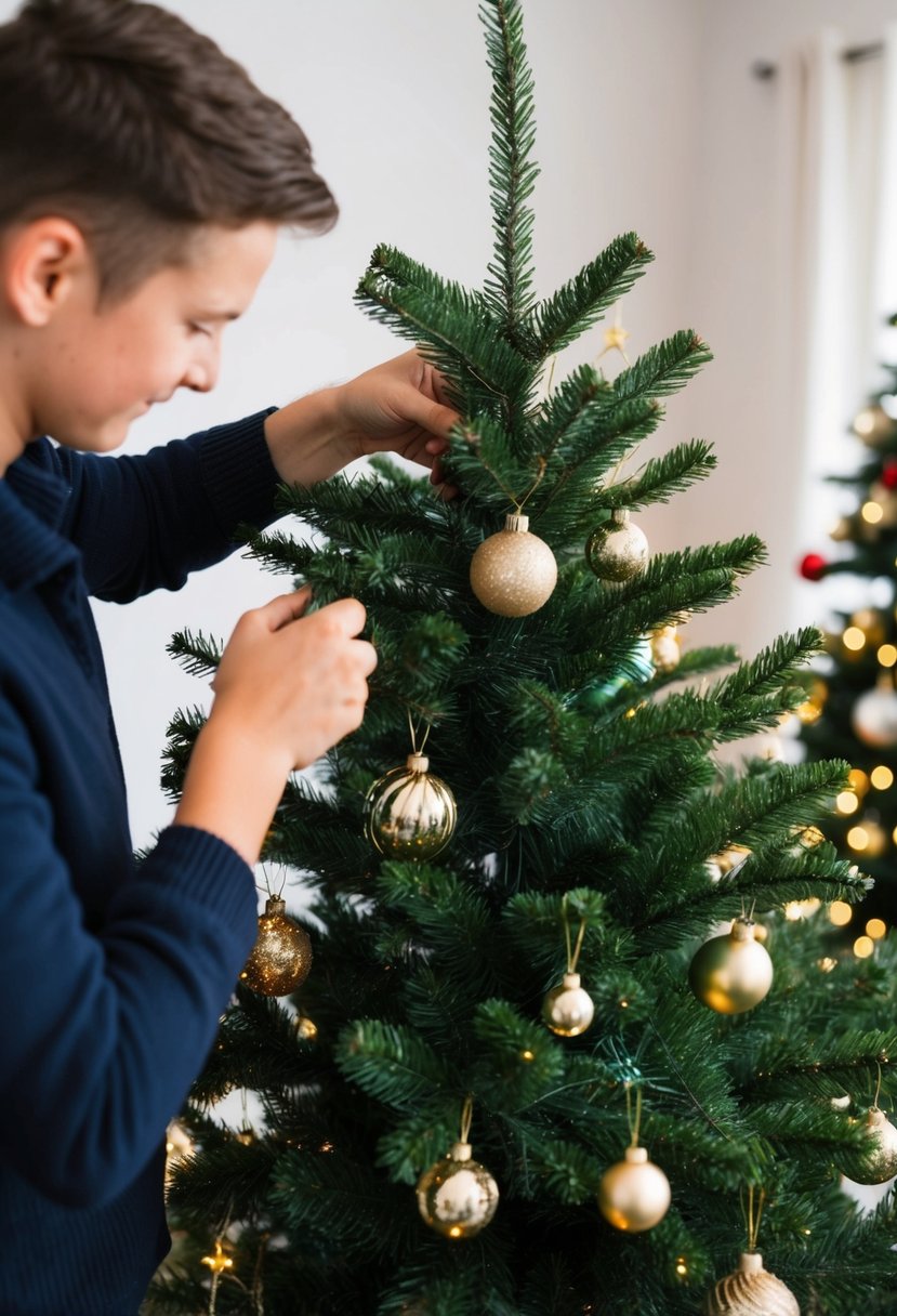 A person fluffs the branches of a Christmas tree with care and precision