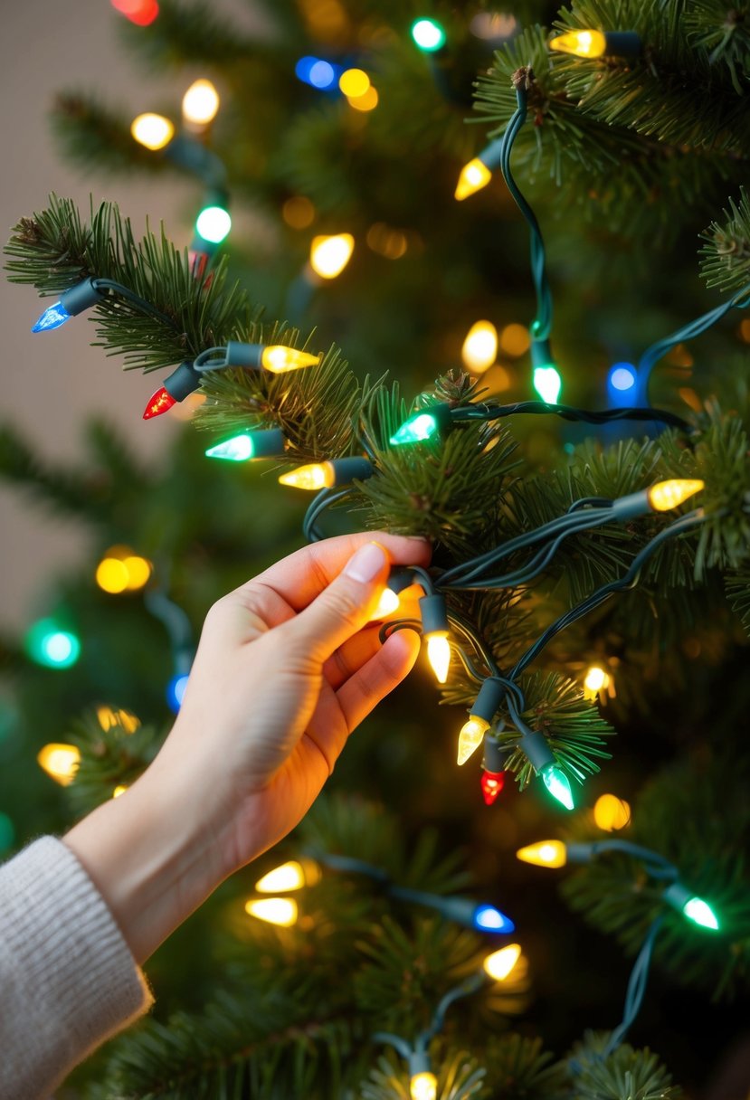 Colorful string lights being carefully wrapped around the branches of a lush Christmas tree, creating a warm and inviting glow